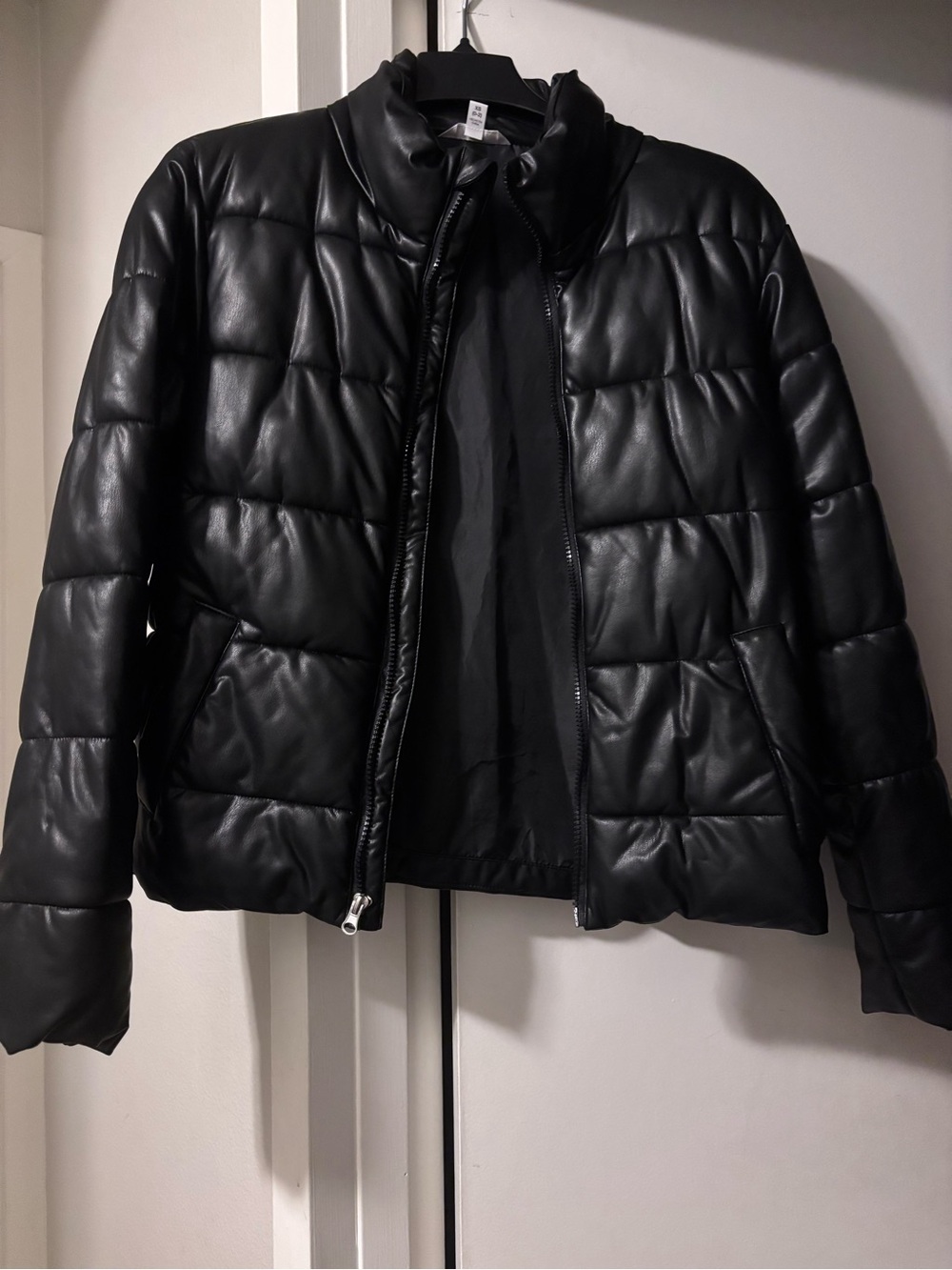 Time and Tru Black Quilted Faux-Leather Puffer Jacket